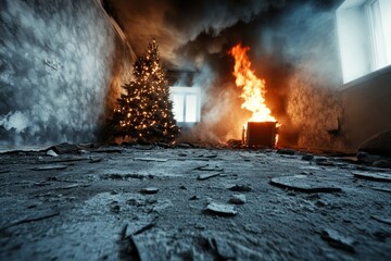 Poster - A cinematic photograph of an interior living room with a Christmas tree on fire. The floor is destroyed by scattered debris and broken furniture. The walls have scars from burning decorations,