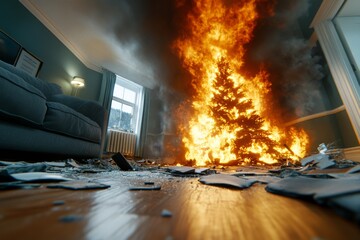 Poster - A cinematic photograph of an interior living room with a Christmas tree on fire. The floor is destroyed by scattered debris and broken furniture. The walls have scars from burning decorations,