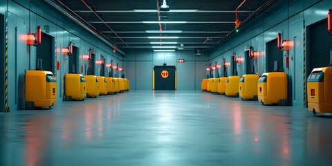 Poster - Highly advanced AI driven warehouse with state of the art robotic systems and autonomous transportation showcasing a cutting edge logistics hub with gleaming metallic surfaces neon lit interiors