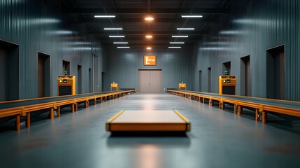 Poster - Highly Automated Warehouse with Robotic Systems Efficiently Picking Packing and Shipping Products to Drive Modern Global Logistics  Futuristic Industrial Interior with Gleaming Metal Shelves