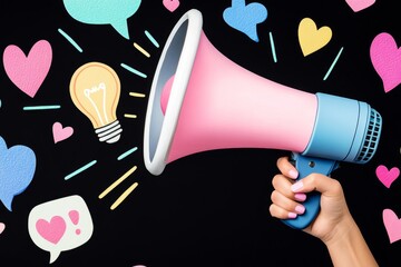 Poster - A hand holding a megaphone, surrounded by thumbs-up symbols and hearts in pastel pink and blue tones on a black background. A light bulb glows above the arm with speech bubbles below. The design