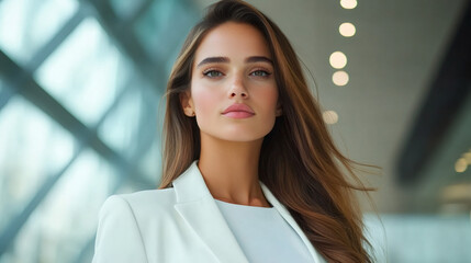 Poster - Portrait of a young businesswoman wearing a white blazer standing in a modern office building