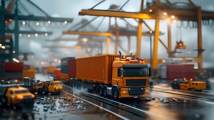 Poster - Hyper automated port terminal with massive cranes gantries and autonomous trucks optimizing container throughput that drives modern global logistics