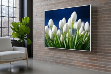 Fototapete - A large, white-framed photograph of blooming snowdrops adorns the wall in an industrial-style interior. In front, there is an armchair and a coffee table with green plants. The room has dark