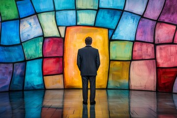 Aufkleber - A man in a suit stands against the backdrop of an abstract cityscape made up entirely of colorful glass blocks, with reflections on his face and the floor. The colors are bright and vibrant,