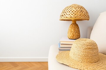 Poster - A minimalist bedroom with white walls, parquet flooring, and an oversized beige sofa. Next to it is a small brass table lamp with a mushroom-shaped shade, and a stack of books. The composition
