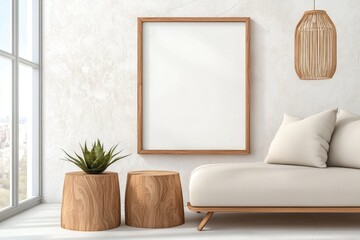 Poster - A minimalist living room with an empty frame on the wall, featuring soft beige and white tones. The space includes marble accents for elegance, large windows allowing natural light to illuminate