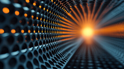 Fototapete - futuristic tunnel with glowing orange light at end, featuring textured metallic surface with circular perforations. perspective creates sense of depth and movement
