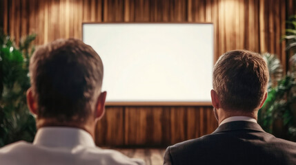Poster - Two businessmen watching a blank white screen during a business presentation in a modern conference room