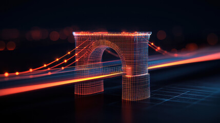 Fototapete - Futuristic bridge design in digital wireframe style, showcasing glowing lines and modern aesthetic. image evokes sense of innovation and technology