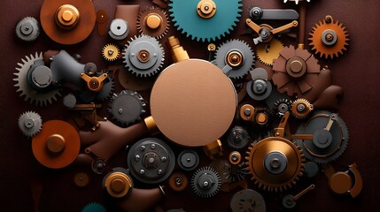 Poster - Intricate and complex arrangement of vintage steampunk style gears cogs and clockwork mechanisms in an antique brass and parchment textured background