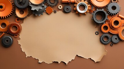 Poster - Intricate arrangement of brass steampunk gears cogs and clockwork mechanisms layered against a parchment textured background with vintage antique brass and rusty metal finishes
