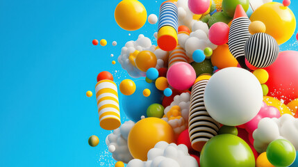 Poster - Colorful abstract composition featuring vibrant spheres, cones, and clouds against blue background, creating playful and dynamic visual experience