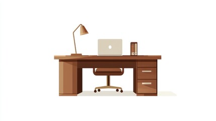 Poster - Wood desk with laptop, lamp, and chair - modern office space illustration for stock use