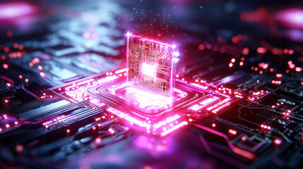 Fototapete - futuristic microchip glowing in vibrant pink hues, surrounded by intricate circuit patterns, symbolizes advanced technology and innovation