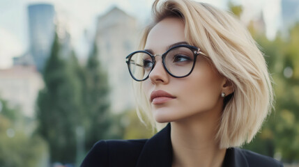 Canvas Print - Blonde businesswoman with glasses gazing thoughtfully, blurred cityscape behind her professional silhouette