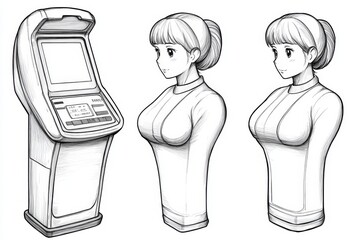 Aufkleber - A simple line drawing of an unshaded face recognition kiosk with four different angles and three display options: one displaying the person's photo on the screen, another showing their name