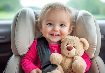 Wall Mural - The child is sitting in the car seat, holding her teddy bear and laughing happily as she sits in it.