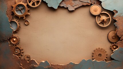 Poster - Intricate Steampunk Gears and Clockwork Mechanisms Surrounded by Antique Brass Textures and a Parchment Textured Center Creating a Captivating Vintage Industrial Backdrop for Digital Art Design