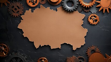 Poster - Intricate steampunk inspired gears cogs and clockwork mechanisms crafted from antique brass set against a parchment textured background with a retro industrial aesthetic