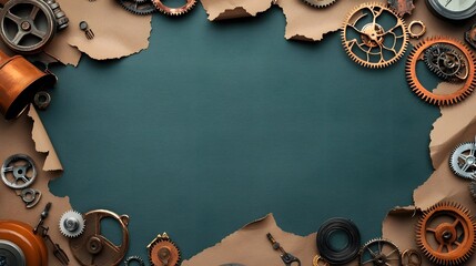 Poster - Intricate Steampunk Mechanical Gears and Antique Brass Structures Forming a Complex Machinery Framing a Parchment Textured Center