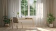 © graphicsflo13 - Modern Empty Home Office Room Interior With Blank Wall, Computer, Table, Bookshelf Mockup Frame -Ai