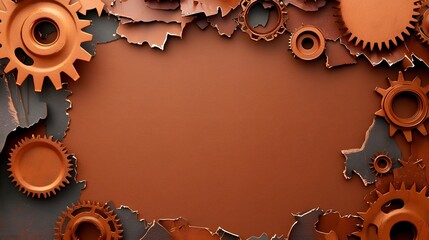 Poster - Intricate steampunk mechanical gears cogs and antique brass structures forming a complex industrial machinery background  Parchment textured center with the machinery framing the edges
