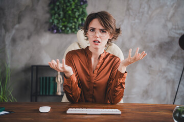 Wall Mural - Photo of pretty young girl conflict annoyed video call web camera wear brown silk shirt coworking successful nice light office