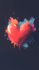 Poster - Vibrant Heart Shape Splashed With Red Liquid Against a Dark Background Creating a Striking Visual Effect of Love and Passion