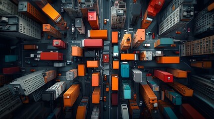Poster - Intricate web of global logistics bustling transportation hubs and distribution networks aerial cityscape with dense infrastructure dynamic motion and connectivity industrial cubist style