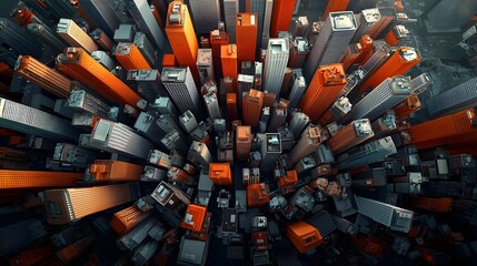 Poster - Intricate web of global logistics bustling transportation hubs and distribution networks showcased in a hyper detailed retrofuturistic aerial cityscape with dense infrastructure