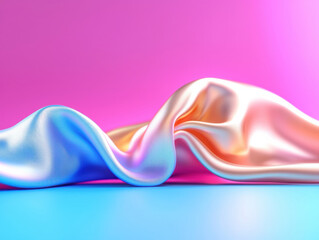 Poster - Soft satin fabric draped elegantly on colorful background, showcasing vibrant hues of pink and blue. smooth texture and flowing form create visually appealing composition