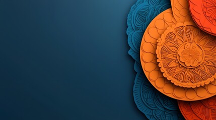 Poster - Intricately detailed Indian mandala patterns featuring vibrant orange and blue hues with a soft glowing gradient at the center creating a visually stunning and symmetrical work of digital art
