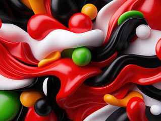 Poster - Colorful abstract composition featuring flowing shapes in red, black, white, and green, creating dynamic and vibrant visual experience