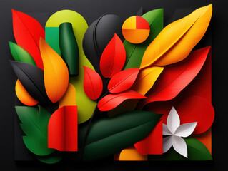 Poster - Colorful abstract composition featuring vibrant leaves and shapes in red, green, yellow, and black, creating lively and dynamic visual experience