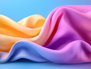 Poster - Soft, flowing fabric in vibrant shades of yellow, pink, and blue creates visually appealing texture against light blue background