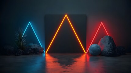 Poster - Luminous neon geometric shapes positioned in a symmetrical arrangement against a dark moody backdrop creating a futuristic synthwave inspired landscape with a vibrant atmospheric