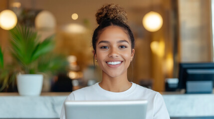Poster - Professional hotel staff member smiling, using digital tablet in luxurious lobby, representing contemporary hospitality service