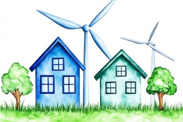 Aufkleber - Illustration of wind turbines and green energy, white background, green color palette, watercolor with brush strokes and splashes, in front view, landscape view, houses, trees, urban area, cityscape