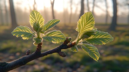 Sticker - Spring new leaves on branch in forest at sunrise.  Possible use nature, environment, ecology