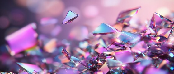 Poster - Colorful pile of shiny crystals arranged on a surface with soft lighting and reflections in the background