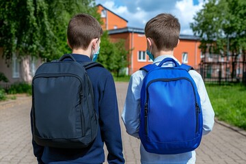 Poster - Two boys with backpacks and face masks walking towards the entrance of their school, the photo shot from behind, the schoolyard in the background, a sunny day