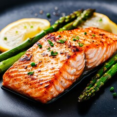 Wall Mural - Fresh Grilled Salmon Fillet with Lemon and Asparagus on Platter