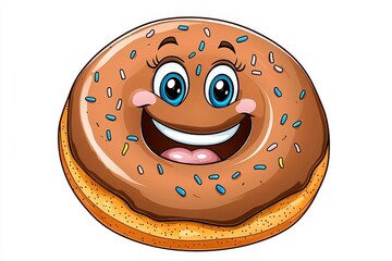 Aufkleber - a 2D cartoon illustration of a donut with a smiling face, sweet and fun, white background