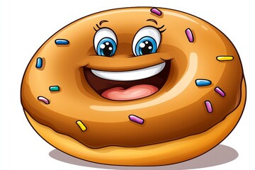 Aufkleber - a 2D cartoon illustration of a donut with a smiling face, sweet and fun, white background