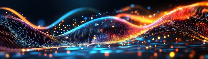 Fototapete - Abstract technology background featuring glowing lines and dots in a digital landscape design