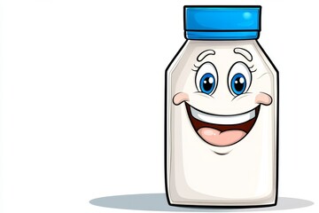 Poster - a 2D cartoon illustration of a milk carton with a happy face, fun and refreshing, white background