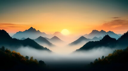 Poster - Majestic Misty Mountain Landscape at Sunrise with Ethereal Atmospheric Ambiance and Warm Golden Glow  Serene and Tranquil Panoramic Vista of a Rugged Wilderness