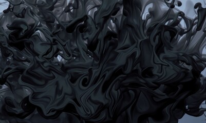 black liquid background. beautiful abstraction of liquid paints in slow blending flow mixing togethe