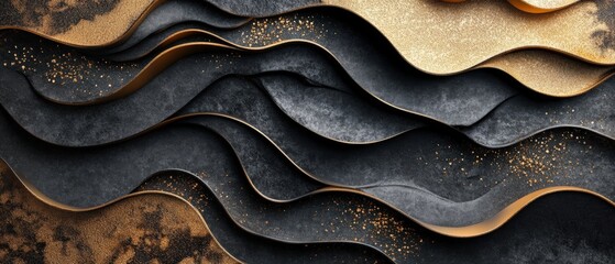 Fototapete - Black and gold abstract background with wavy pattern and textured design elements for creative use